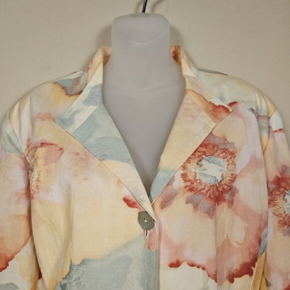 VTG Chicos 3 Linen Blend Floral Watercolor Blazer Lagenlook Pastel Art Jacket 16 - Picture 5 of 10